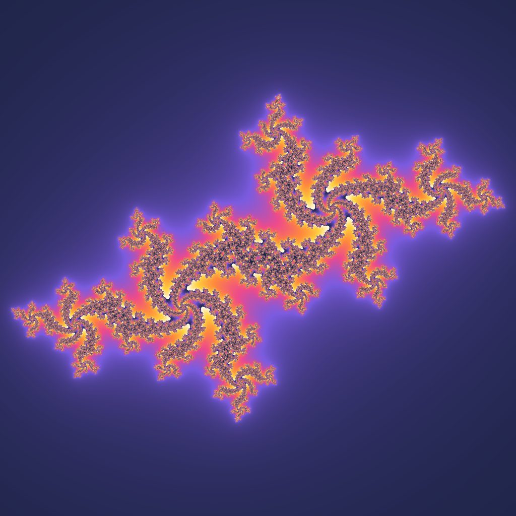 A colourful Julia set fractal: swirling, repeating shapes that look the same however far you zoom in