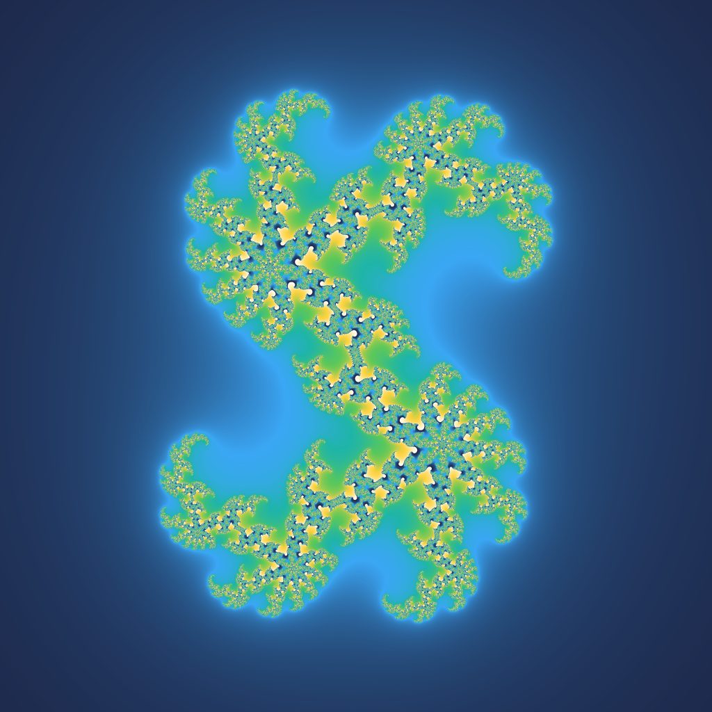 A colourful Julia set fractal: swirling, repeating shapes that look the same however far you zoom in