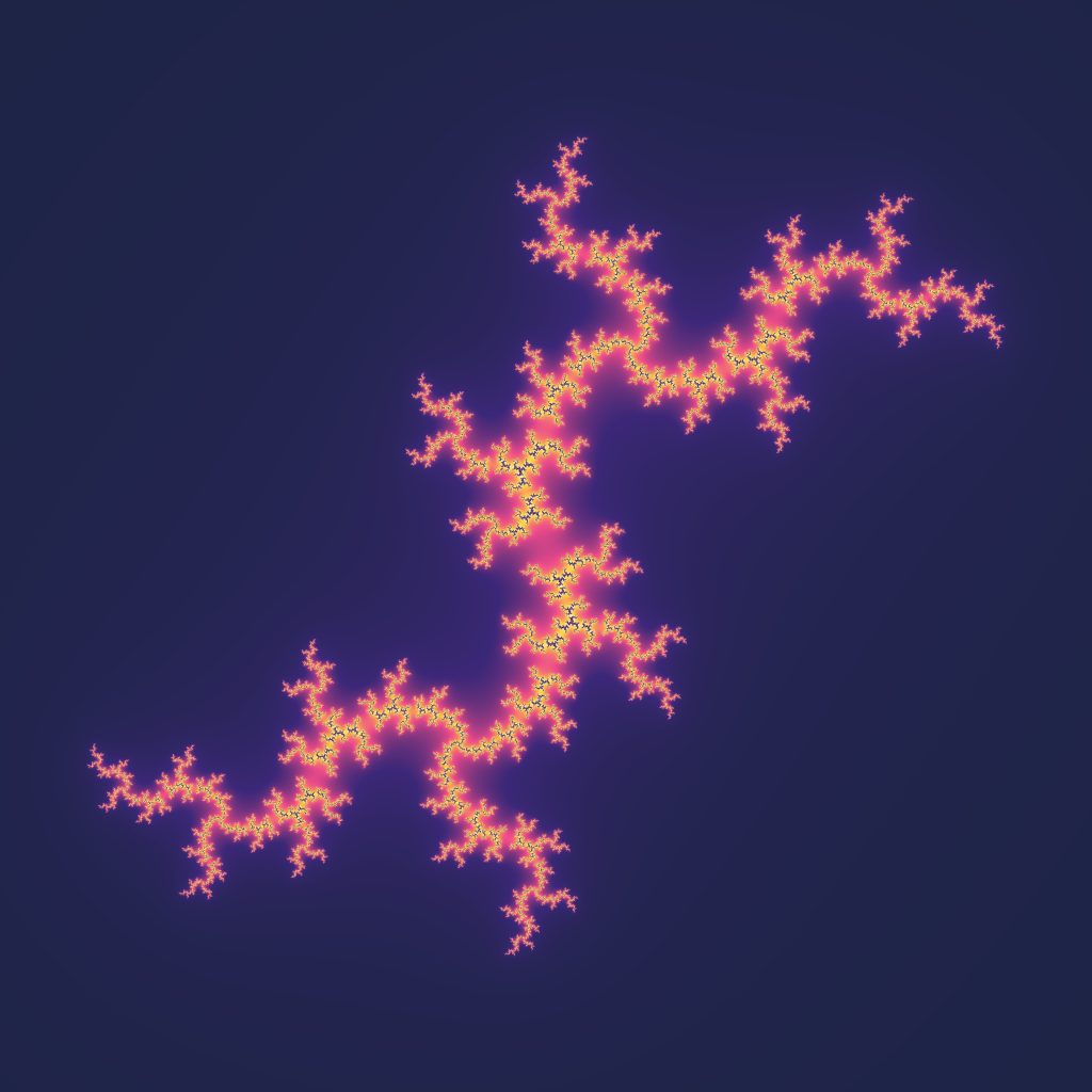 A colourful Julia set fractal: swirling, repeating shapes that look the same however far you zoom in