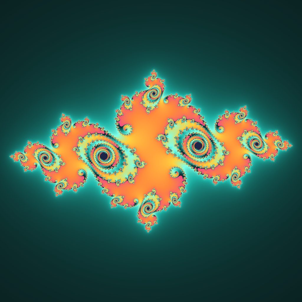 A colourful Julia set fractal: swirling, repeating shapes that look the same however far you zoom in