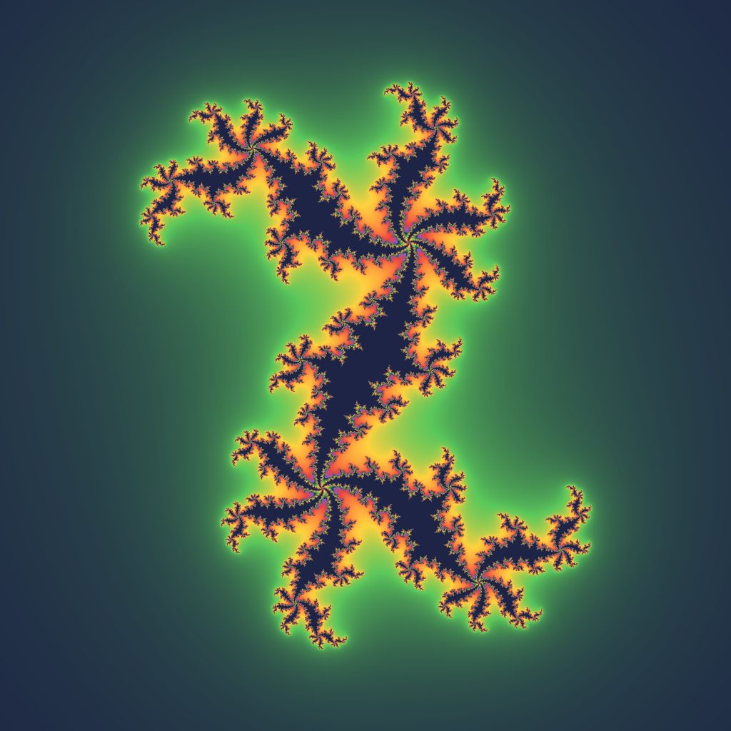 A colourful Julia set fractal: swirling, repeating shapes that look the same however far you zoom in