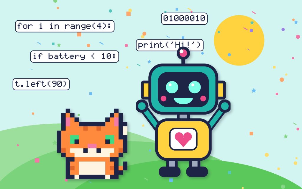 Beep the robot cheering and Pixel the cat waving on a sunny hill