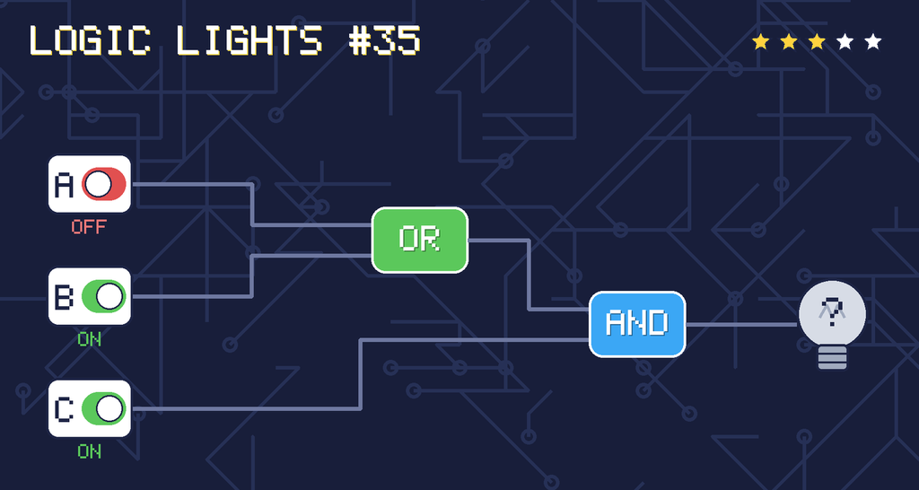 Logic lights 35: the lamp is connected as (A OR B) AND C. switch A is OFF, switch B is ON, switch C is ON.