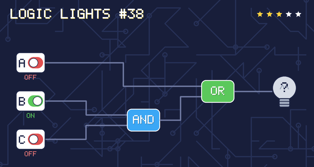 Logic lights 38: the lamp is connected as A OR (B AND C). switch A is OFF, switch B is ON, switch C is OFF.