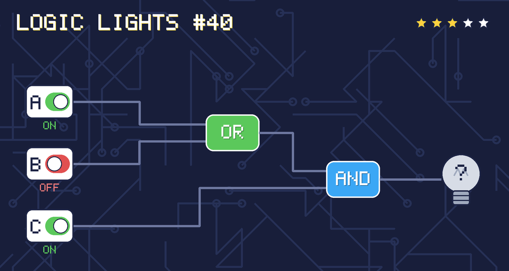 Logic lights 40: the lamp is connected as (A OR B) AND C. switch A is ON, switch B is OFF, switch C is ON.