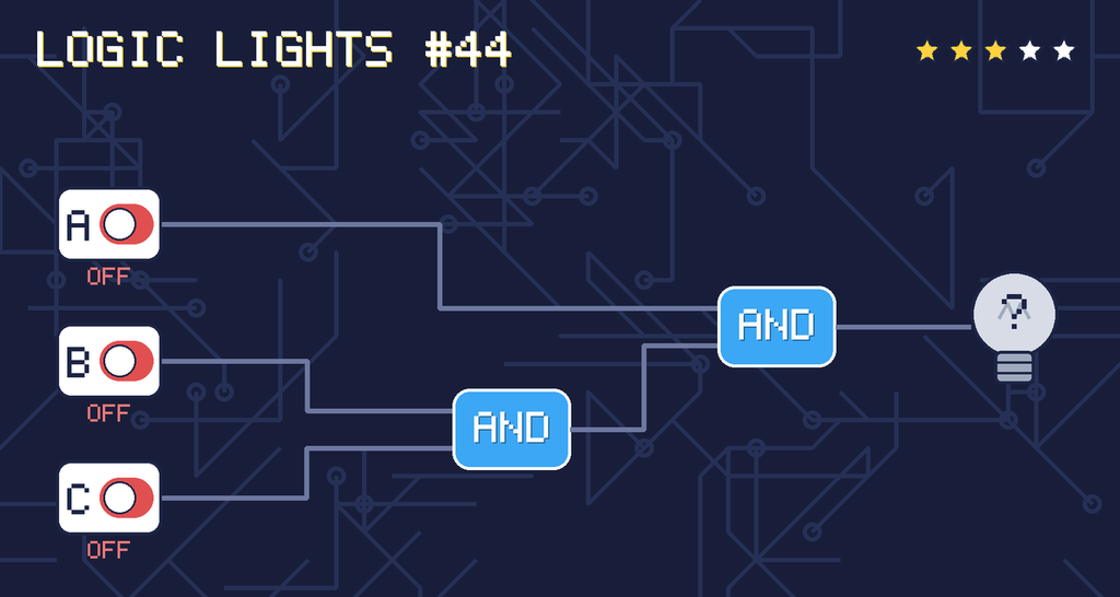 Logic lights 44: the lamp is connected as A AND (B AND C). switch A is OFF, switch B is OFF, switch C is OFF.