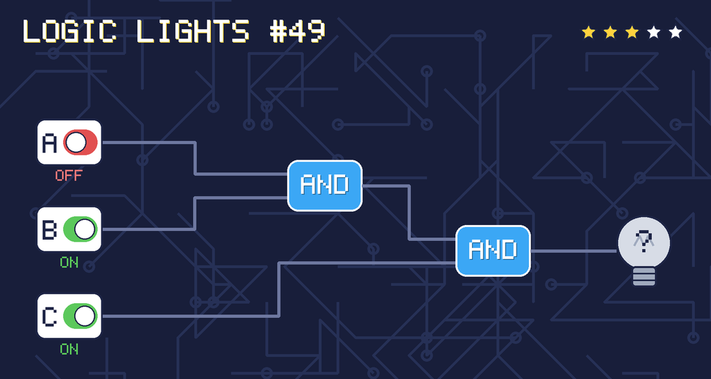 Logic lights 49: the lamp is connected as (A AND B) AND C. switch A is OFF, switch B is ON, switch C is ON.