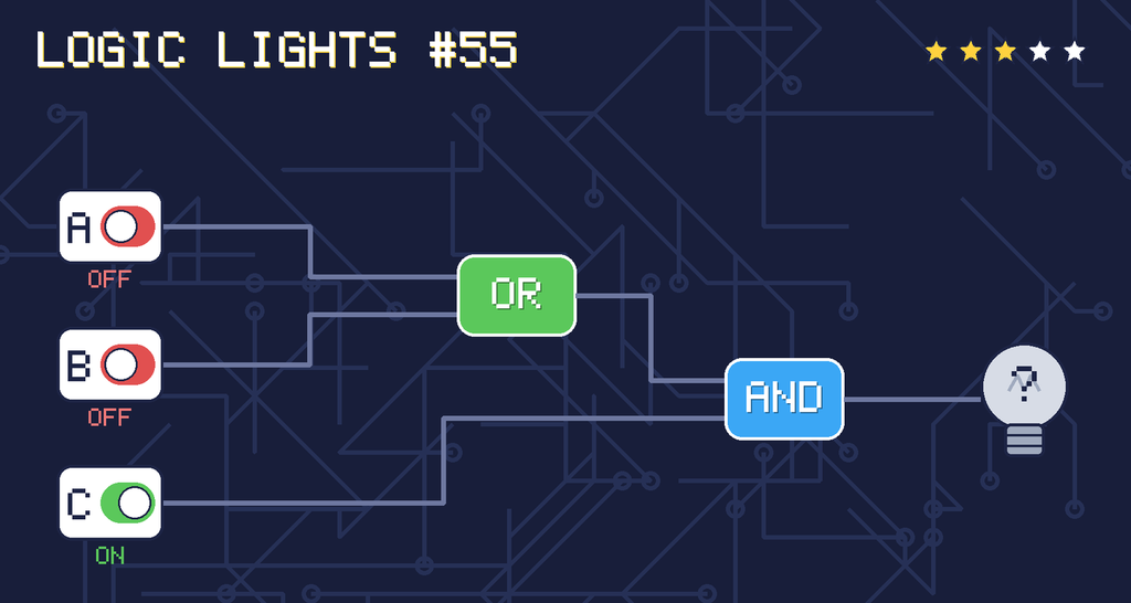 Logic lights 55: the lamp is connected as (A OR B) AND C. switch A is OFF, switch B is OFF, switch C is ON.