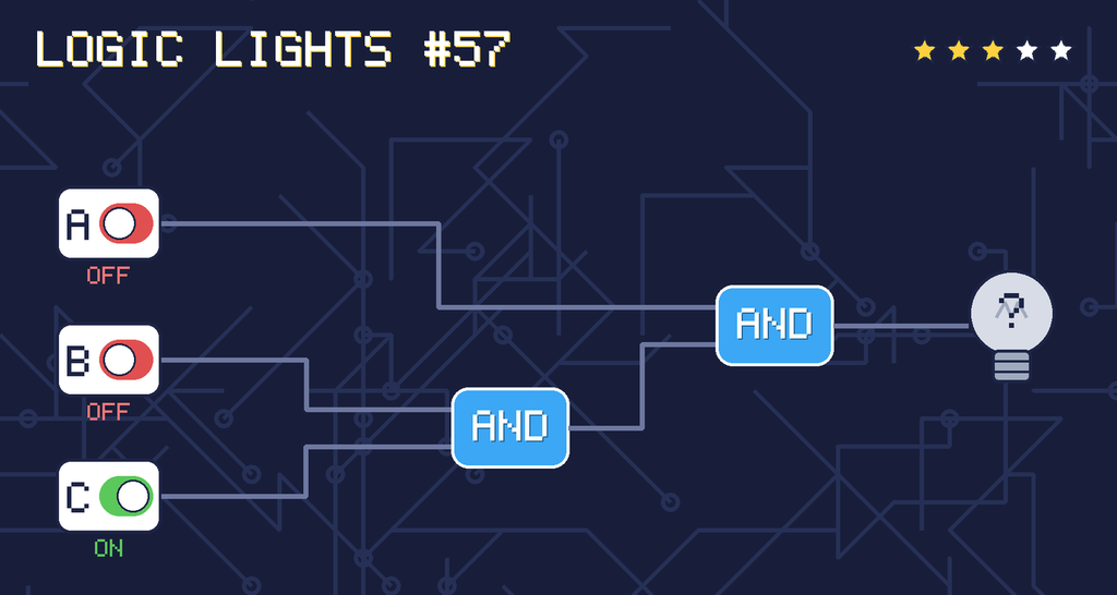 Logic lights 57: the lamp is connected as A AND (B AND C). switch A is OFF, switch B is OFF, switch C is ON.