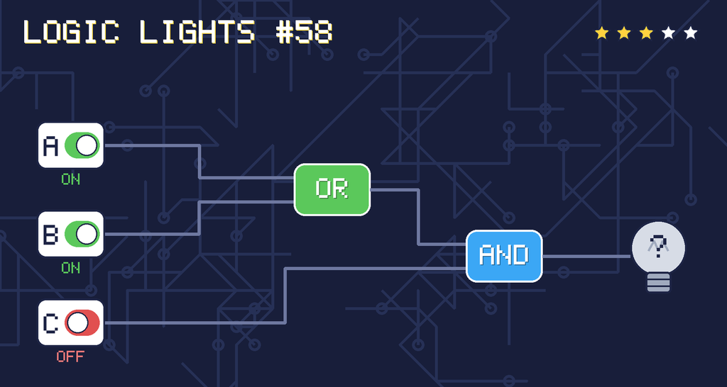Logic lights 58: the lamp is connected as (A OR B) AND C. switch A is ON, switch B is ON, switch C is OFF.