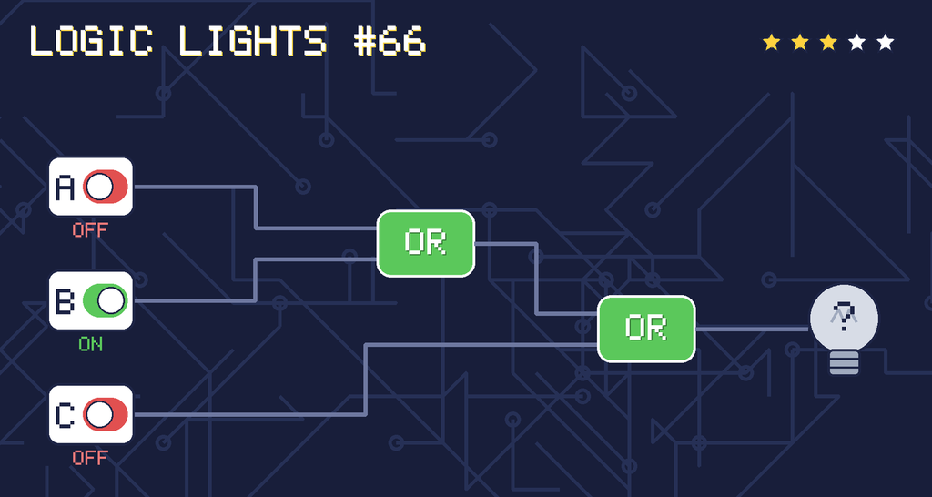 Logic lights 66: the lamp is connected as (A OR B) OR C. switch A is OFF, switch B is ON, switch C is OFF.