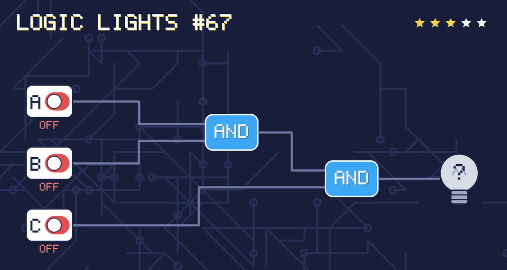 Logic lights 67: the lamp is connected as (A AND B) AND C. switch A is OFF, switch B is OFF, switch C is OFF.