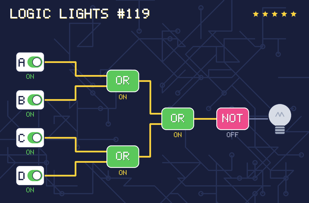 The solved circuit. Wires carrying power glow yellow. The lamp is off.