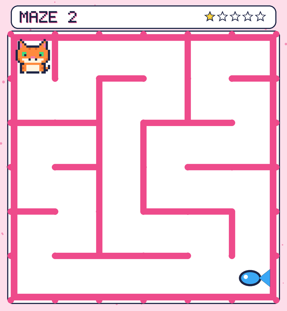 Maze 2. Pixel starts in the top-left corner. The fish is in the bottom-right corner.