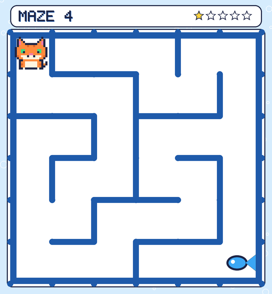 Maze 4. Pixel starts in the top-left corner. The fish is in the bottom-right corner.