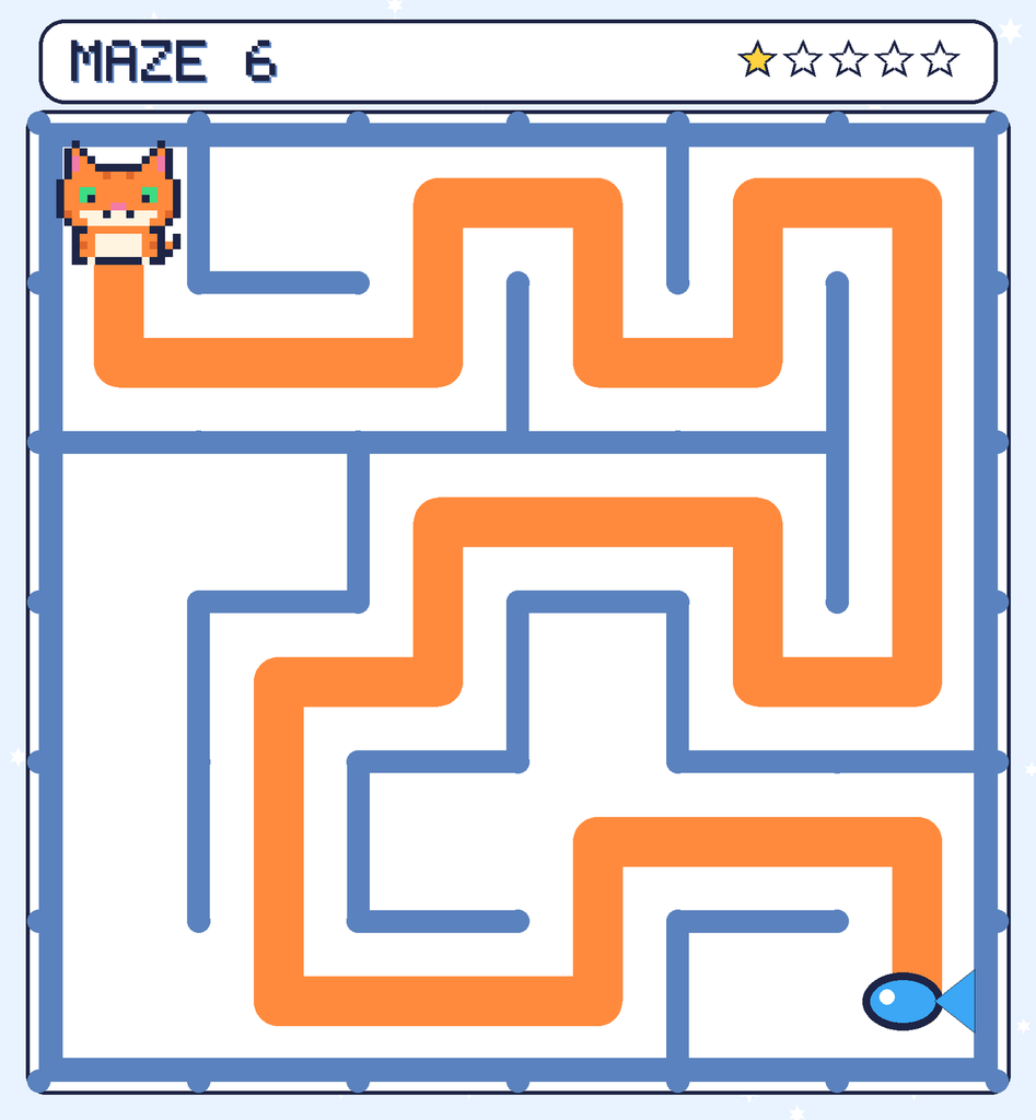 The answer to maze 6, with the route from Pixel to the fish drawn as an orange line.