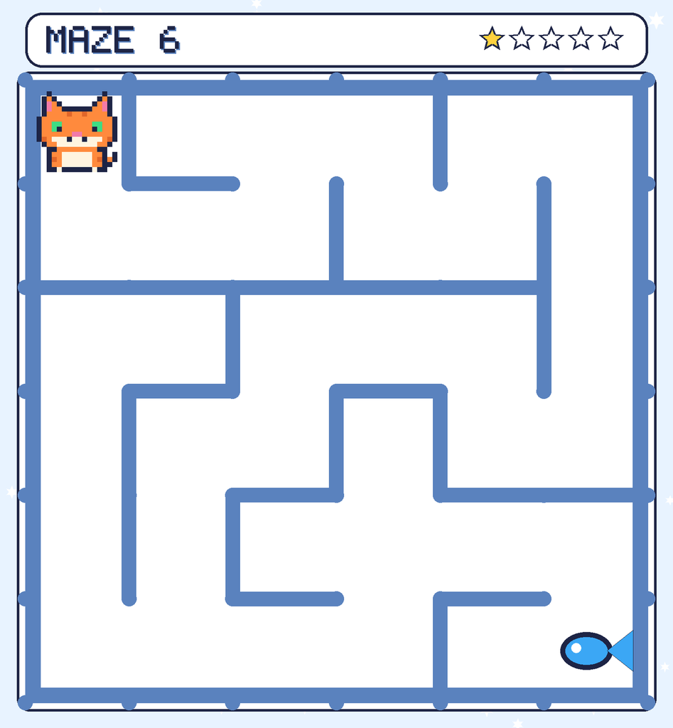 Maze 6. Pixel starts in the top-left corner. The fish is in the bottom-right corner.