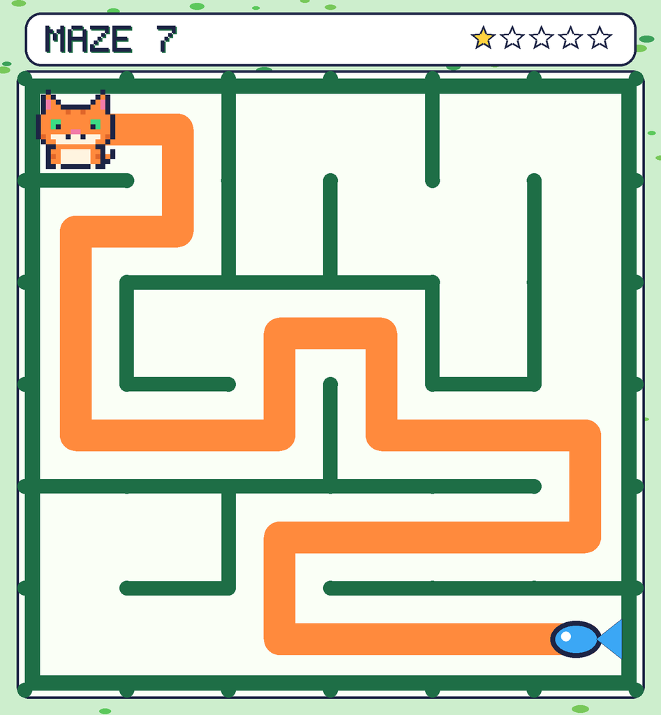 The solved maze 7 with the route drawn as an orange line.
