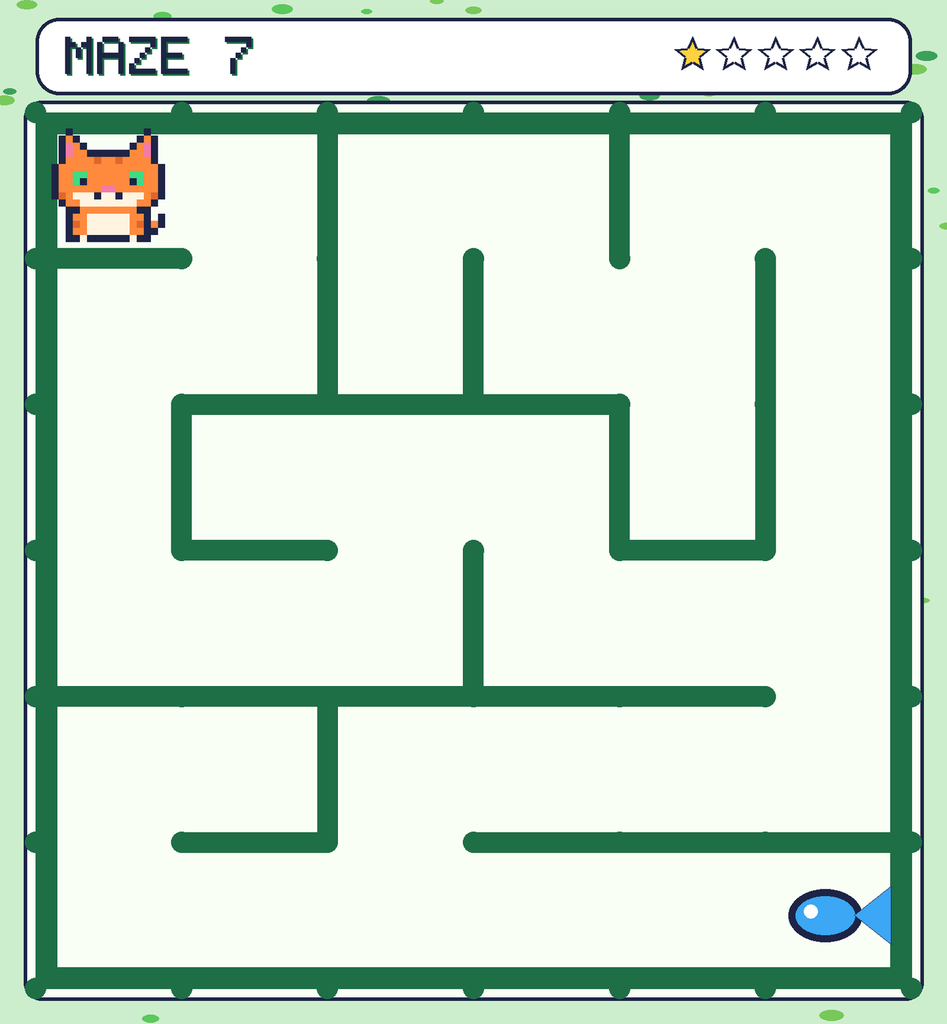 Maze 7. Pixel starts in the top-left corner. The fish is in the bottom-right corner.