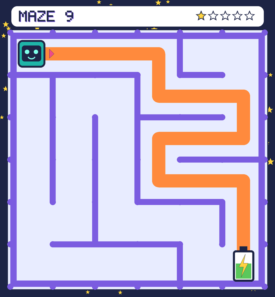 The solved maze 9 with the route drawn as an orange line.