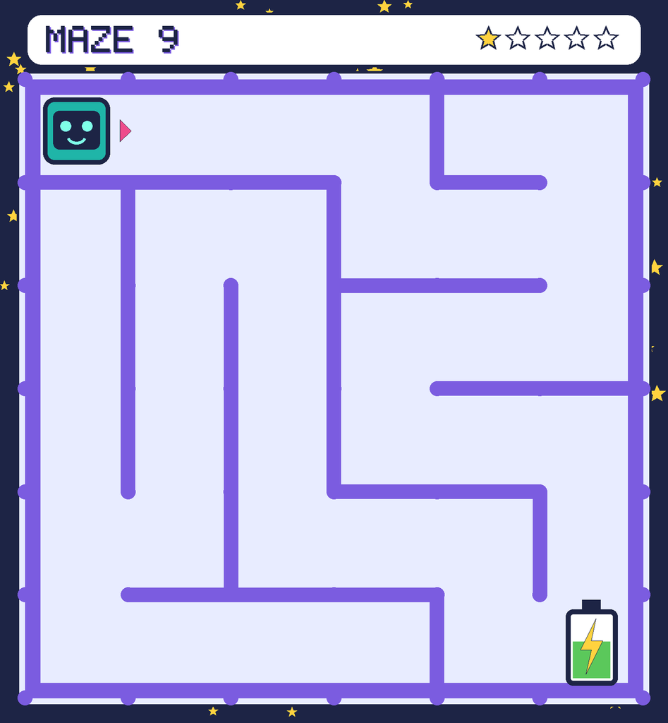 Maze 9. Beep starts in the top-left corner. The battery is in the bottom-right corner.
