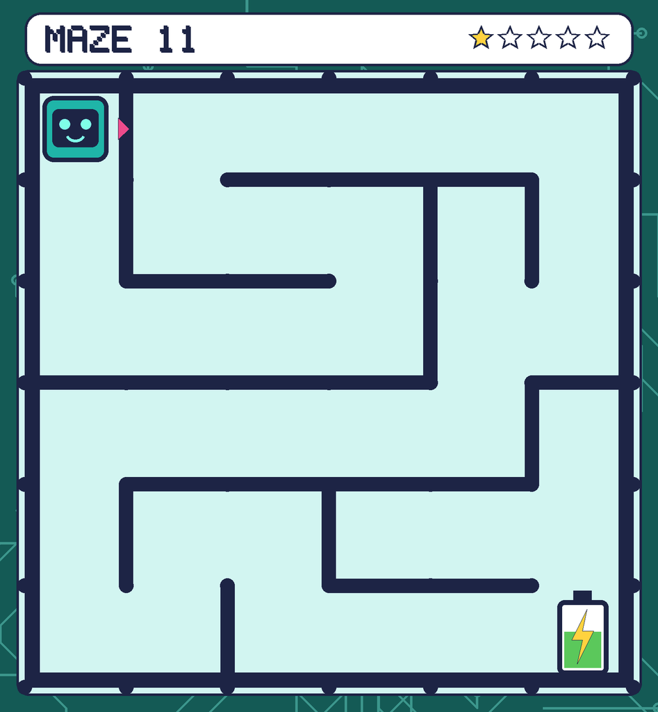 Maze 11. Beep starts in the top-left corner. The battery is in the bottom-right corner.