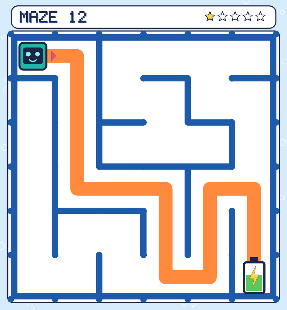 The solved maze 12 with the route drawn as an orange line.