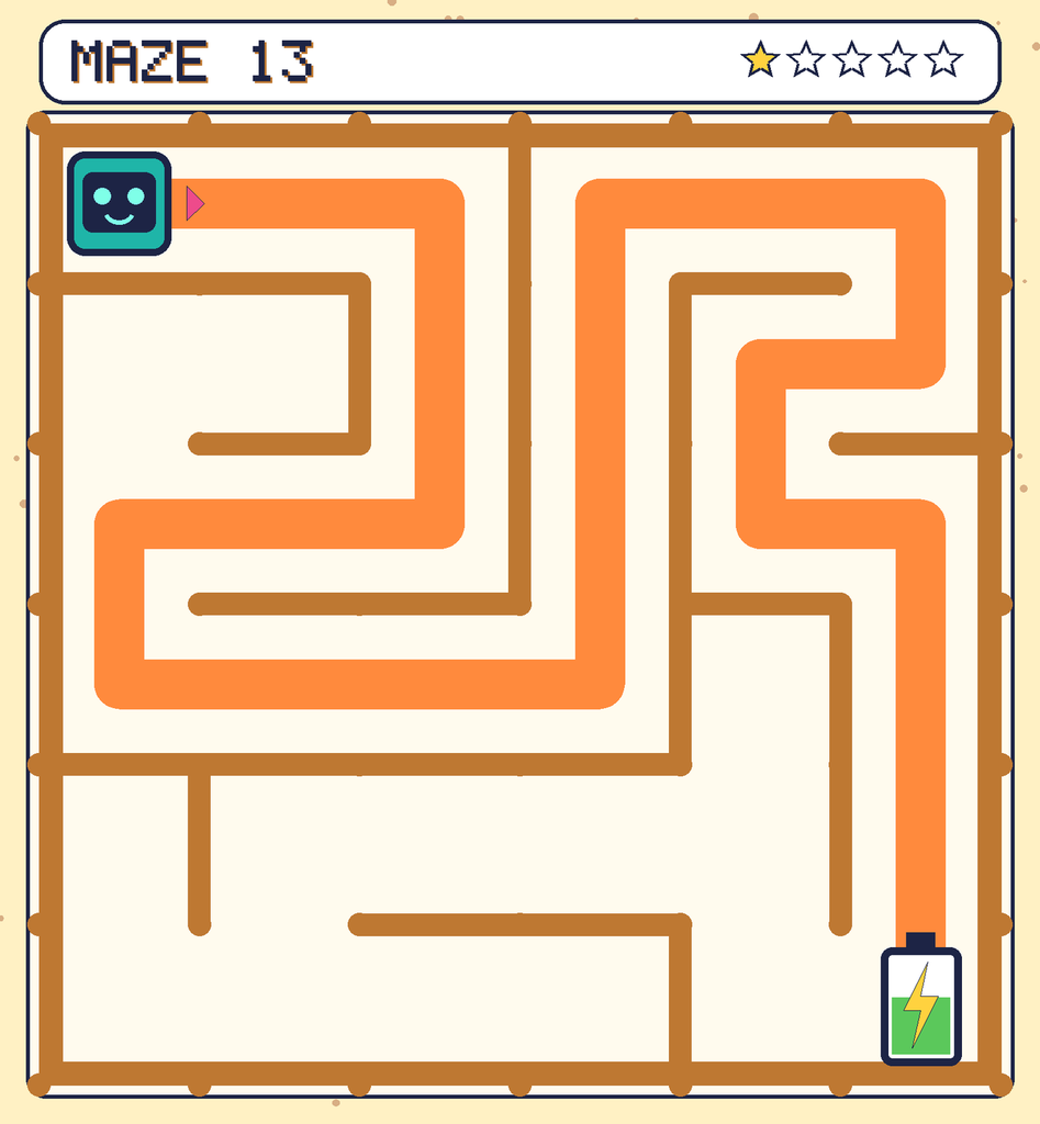 The solved maze 13 with the route drawn as an orange line.