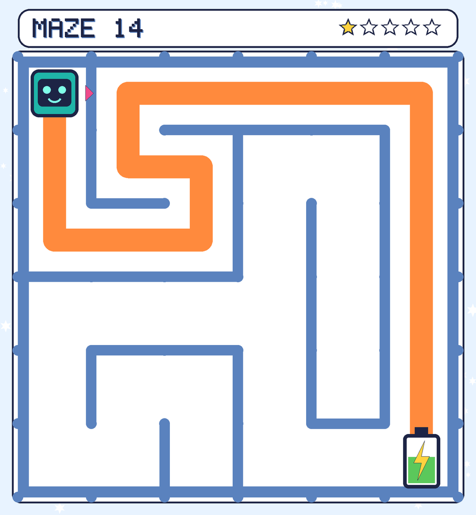 The solved maze 14 with the route drawn as an orange line.