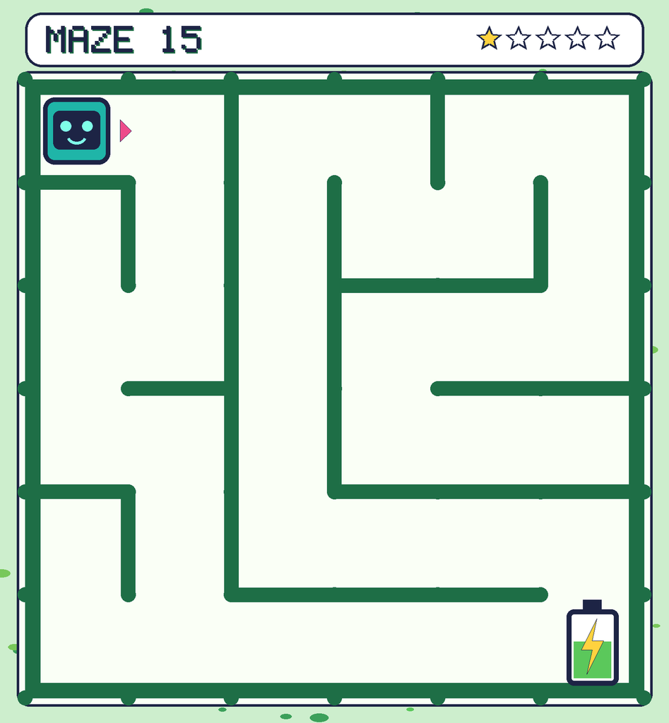 Maze 15. Beep starts in the top-left corner. The battery is in the bottom-right corner.