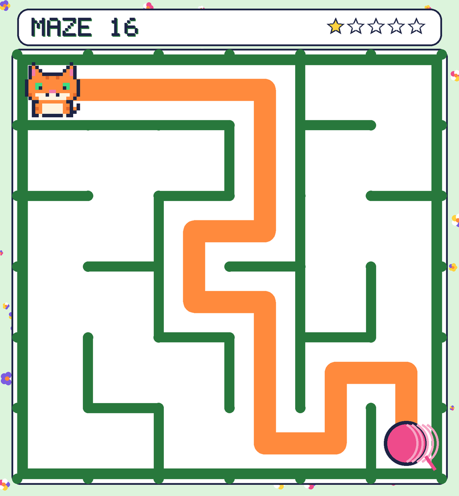 The solved maze 16 with the route drawn as an orange line.