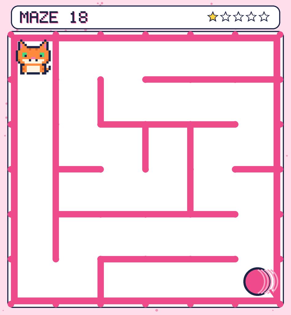 Maze 18. Pixel starts in the top-left corner. The ball of yarn is in the bottom-right corner.