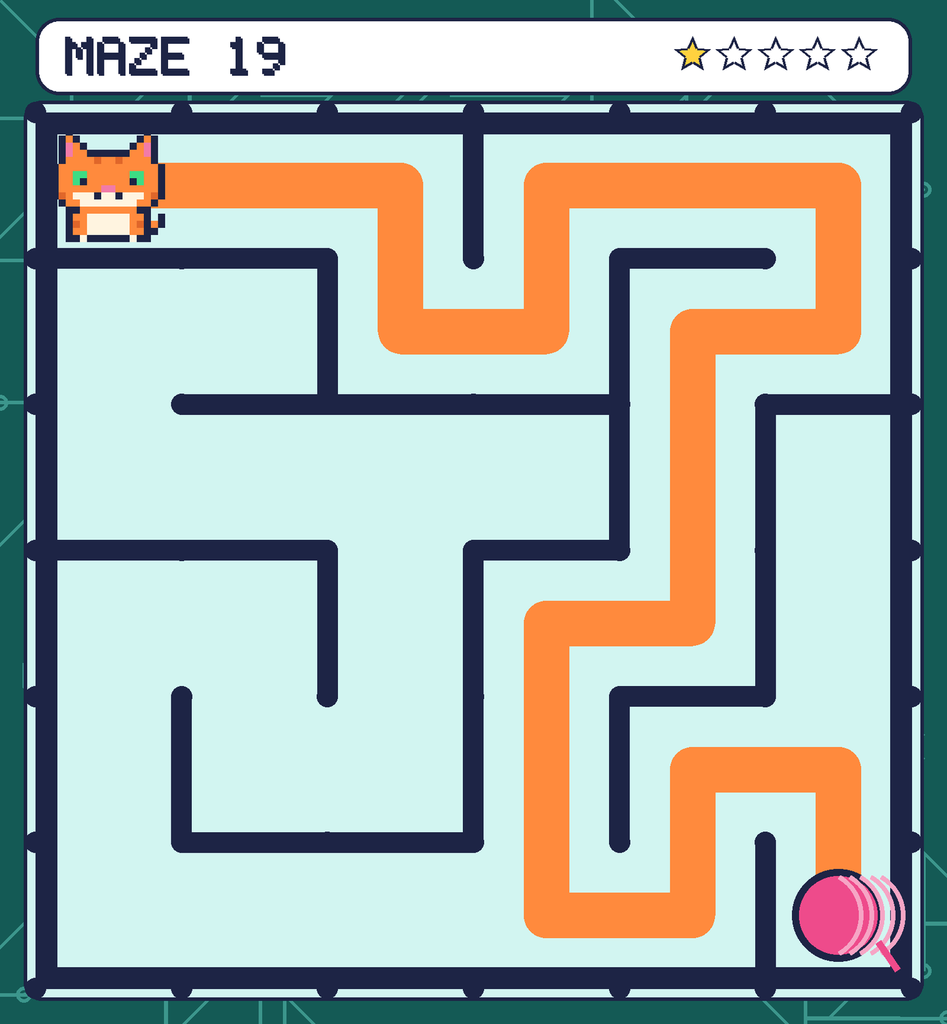 The solved maze 19 with the route drawn as an orange line.