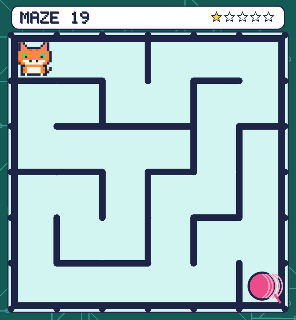 Maze 19. Pixel starts in the top-left corner. The ball of yarn is in the bottom-right corner.