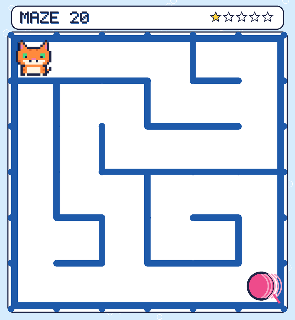Maze 20. Pixel starts in the top-left corner. The ball of yarn is in the bottom-right corner.