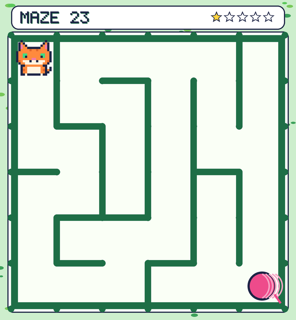 Maze 23. Pixel starts in the top-left corner. The ball of yarn is in the bottom-right corner.