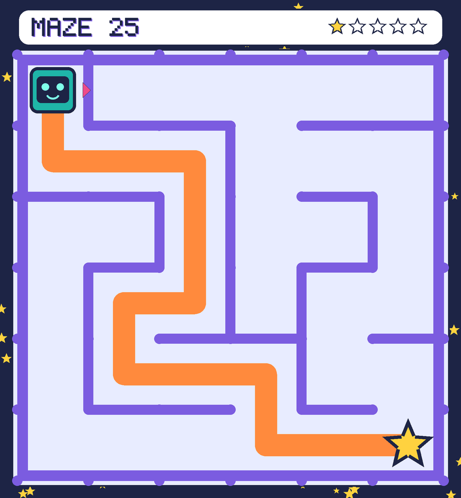 The solved maze 25 with the route drawn as an orange line.