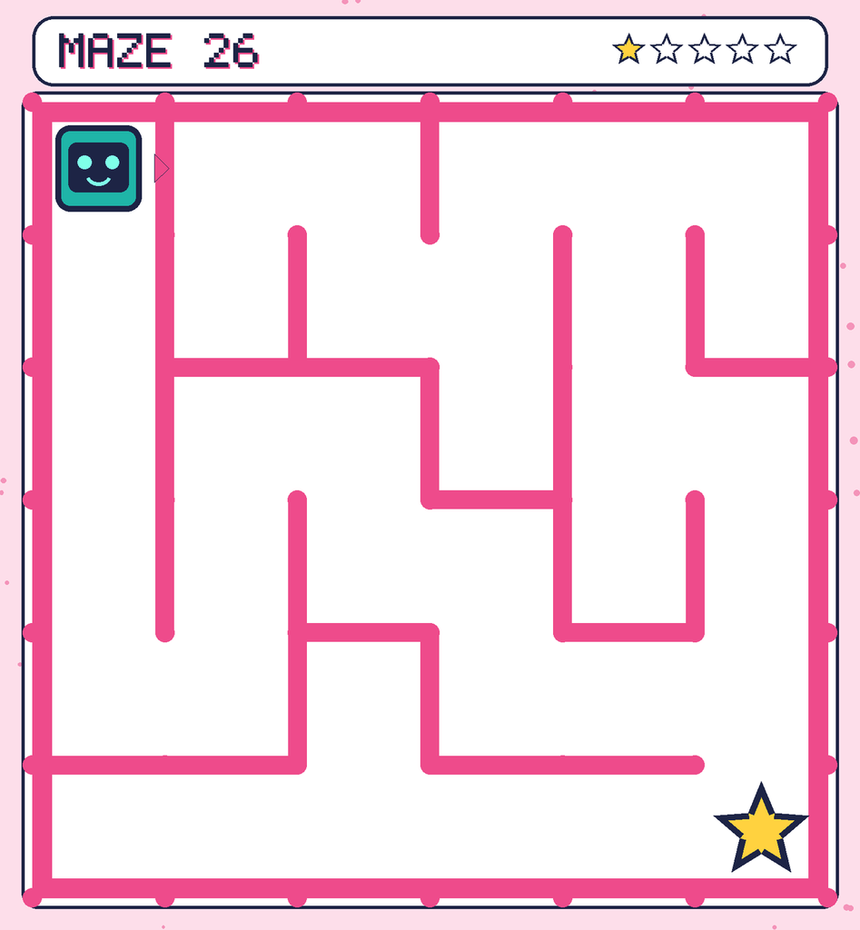 Maze 26. Beep starts in the top-left corner. The gold star is in the bottom-right corner.