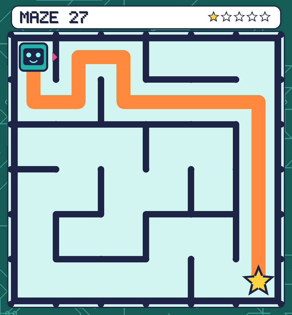 The solved maze 27 with the route drawn as an orange line.