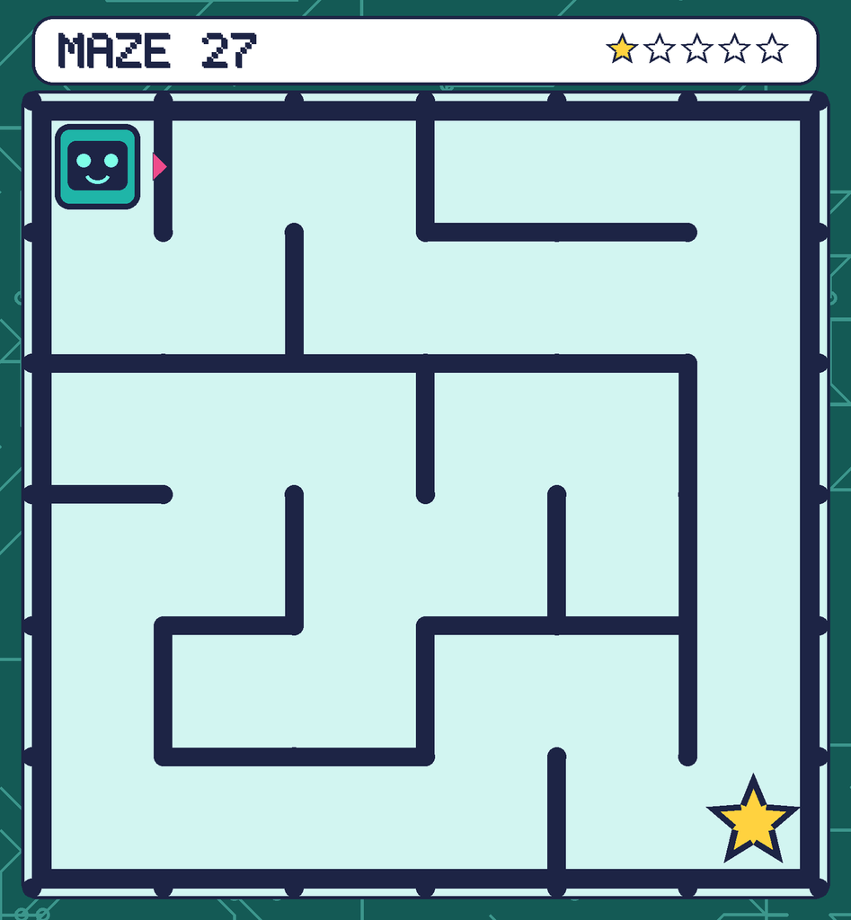 Maze 27. Beep starts in the top-left corner. The gold star is in the bottom-right corner.