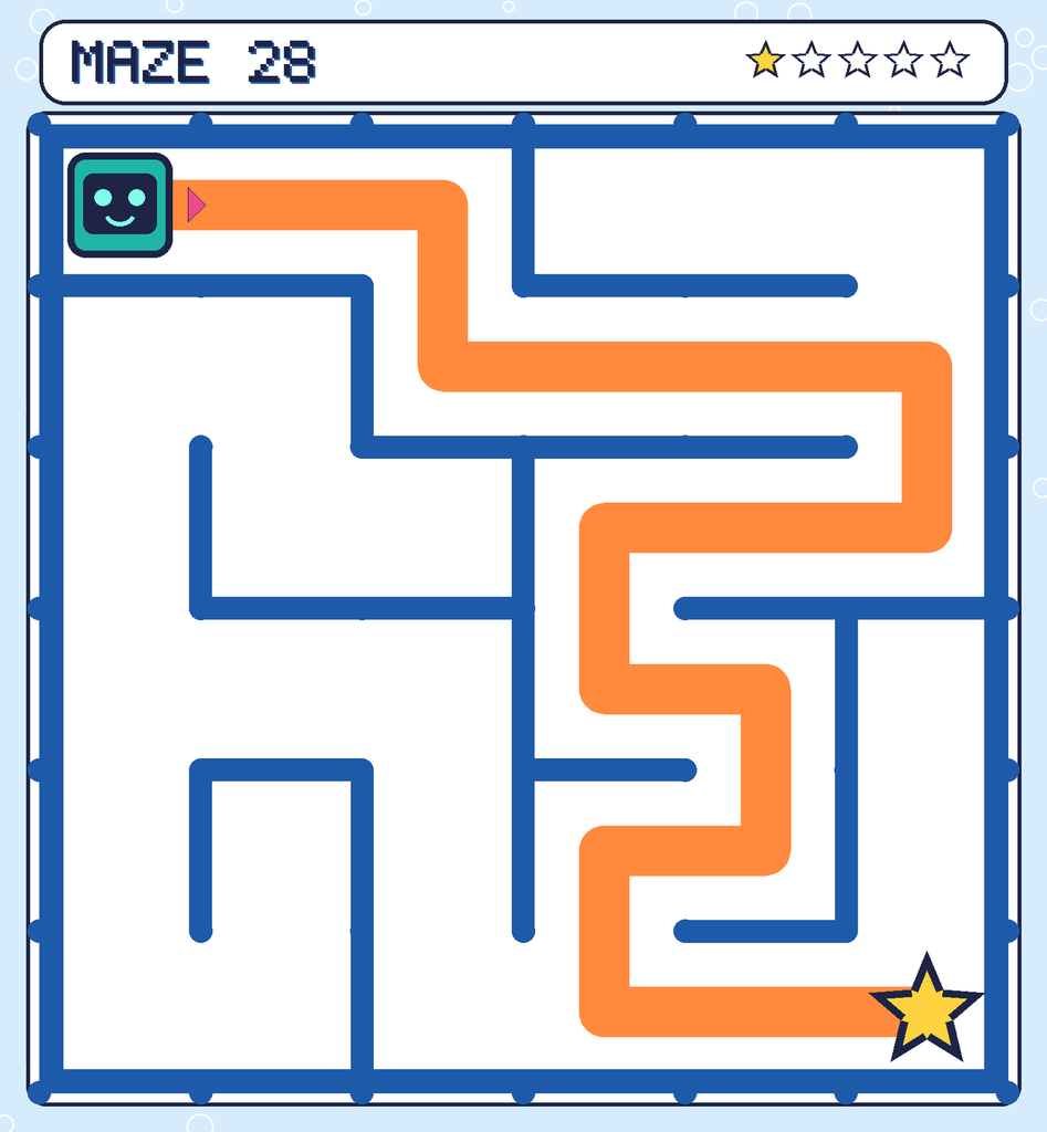 The solved maze 28 with the route drawn as an orange line.