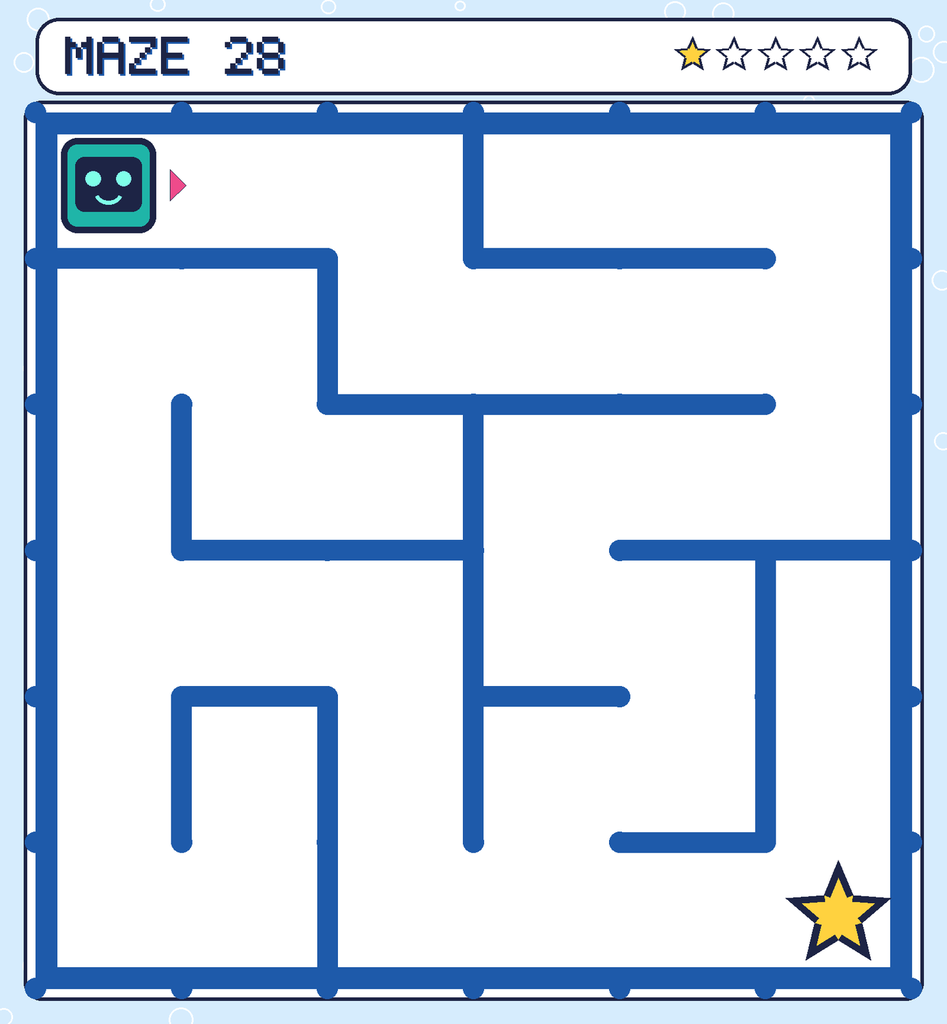 Maze 28. Beep starts in the top-left corner. The gold star is in the bottom-right corner.