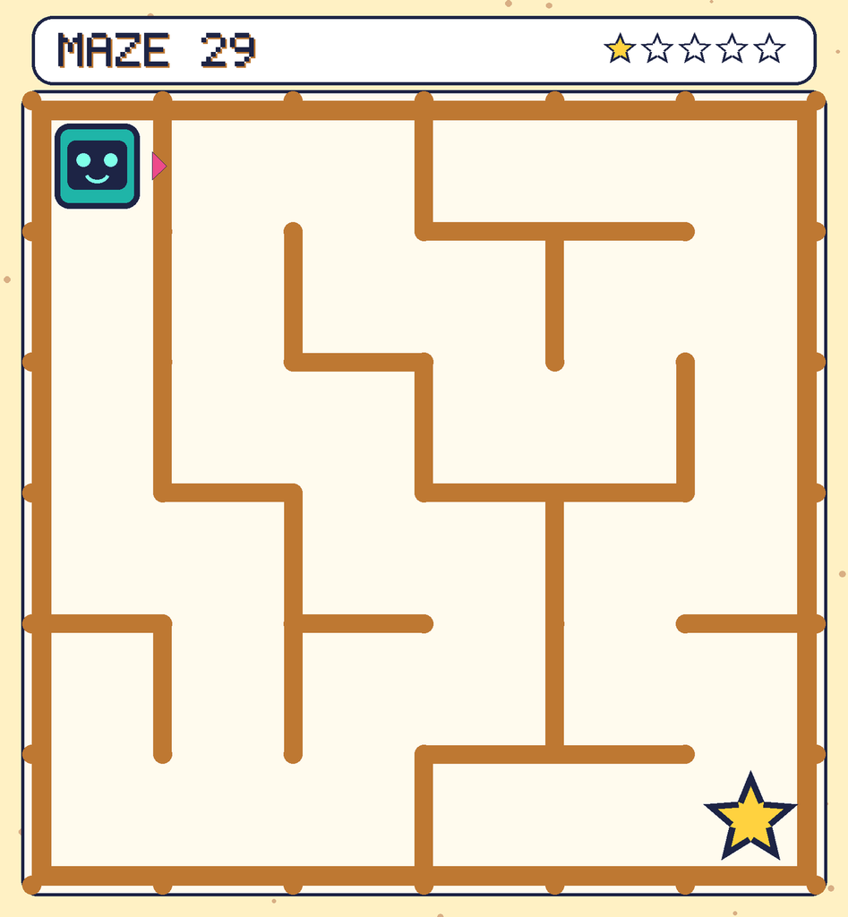Maze 29. Beep starts in the top-left corner. The gold star is in the bottom-right corner.