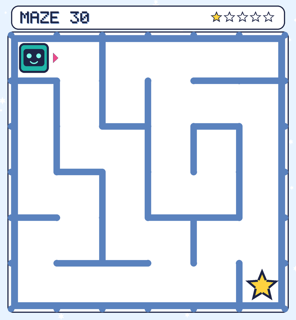 Maze 30. Beep starts in the top-left corner. The gold star is in the bottom-right corner.