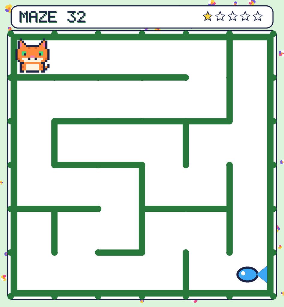 Maze 32. Pixel starts in the top-left corner. The fish is in the bottom-right corner.