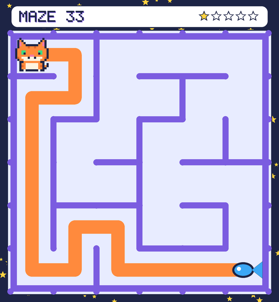 The solved maze 33 with the route drawn as an orange line.