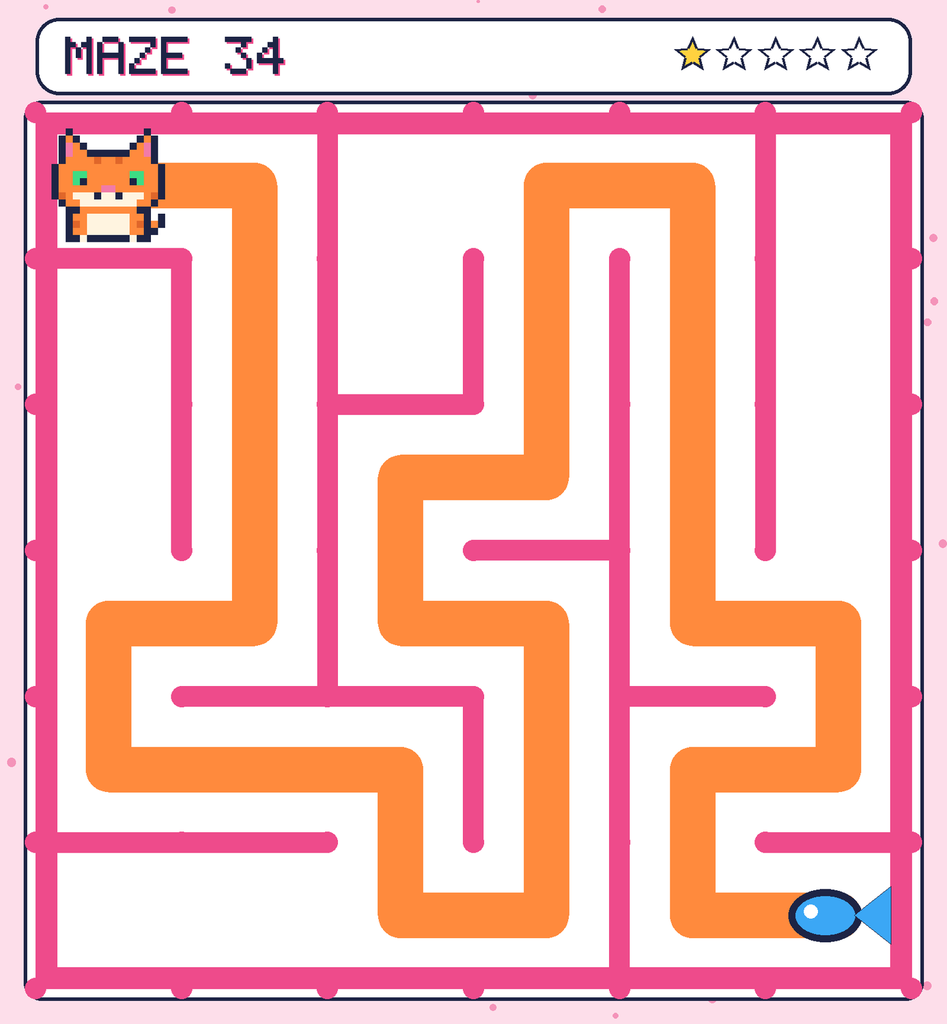 The solved maze 34 with the route drawn as an orange line.
