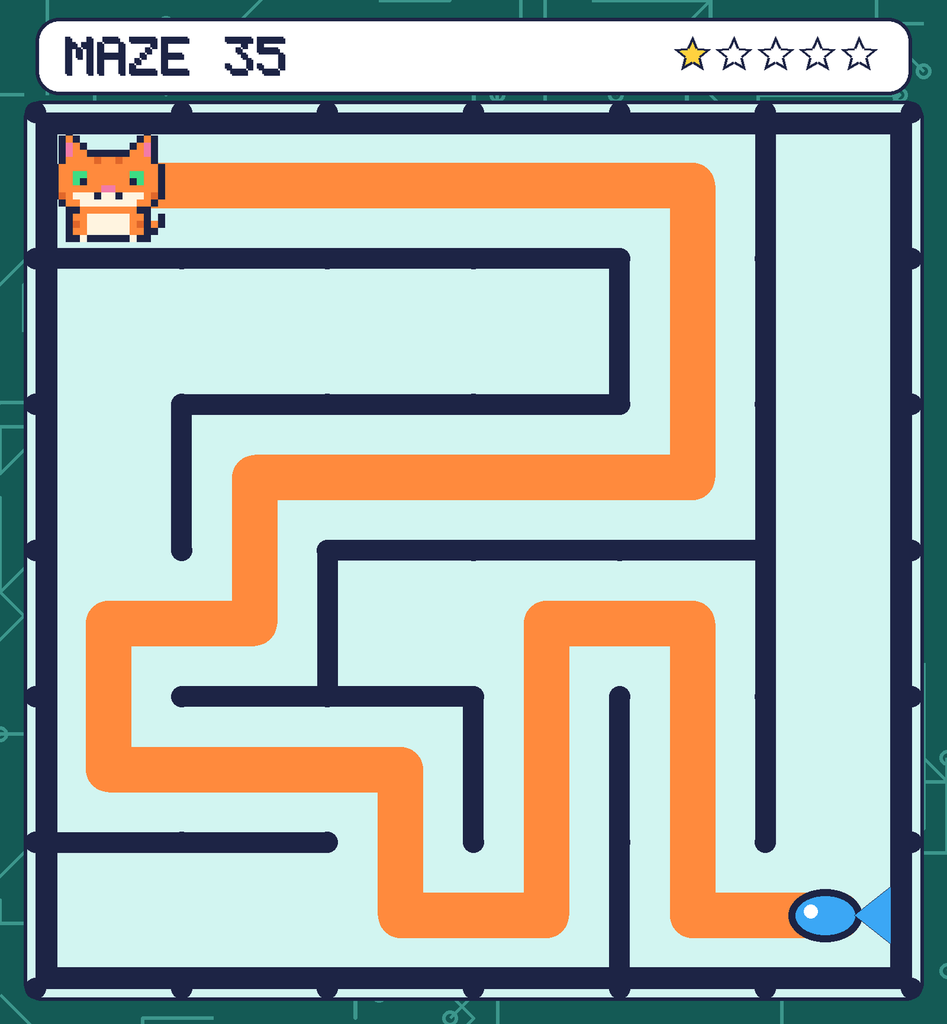 The solved maze 35 with the route drawn as an orange line.