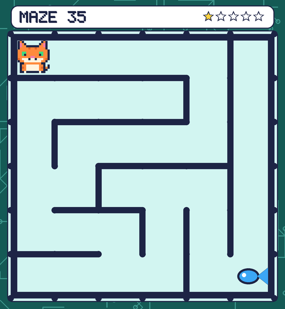 Maze 35. Pixel starts in the top-left corner. The fish is in the bottom-right corner.