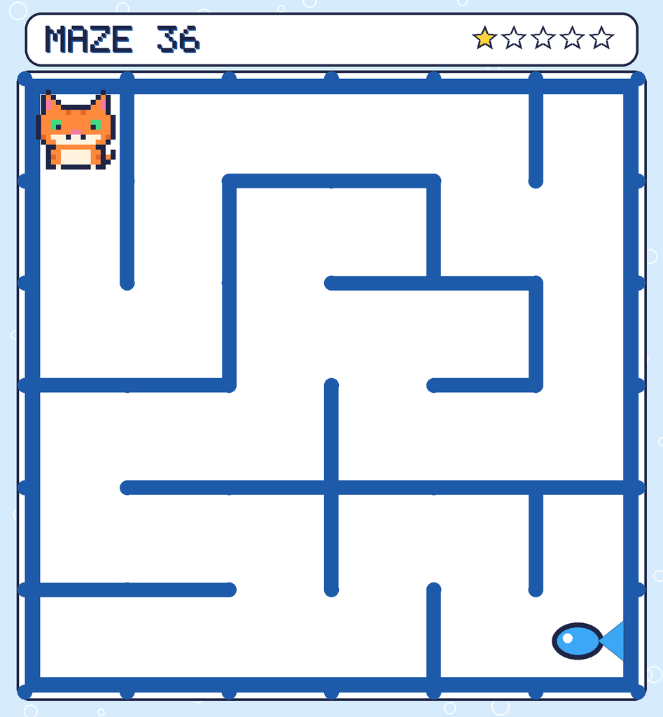 Maze 36. Pixel starts in the top-left corner. The fish is in the bottom-right corner.